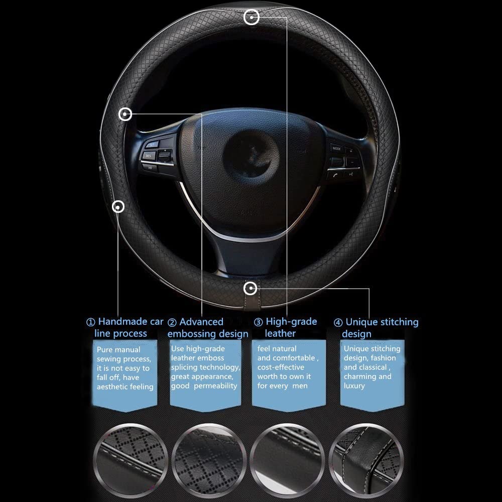 Gomass Car Steering Wheel Cover, Anti-Slip, Safety, Soft, Breathable, Heavy Duty, Thick, Full Surround, Sports Style (Black With Gray Line)