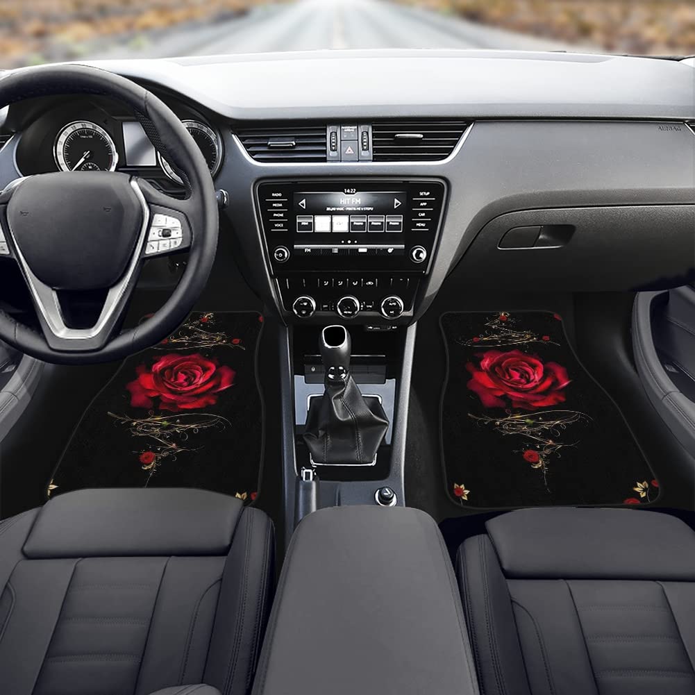 FUIBENG Red Rose Auto Floor Mat Floral Car Front & Back Floor Carpet Non Slip Anti Dirty Foot Pad Rug Automotive Rose Accessorie