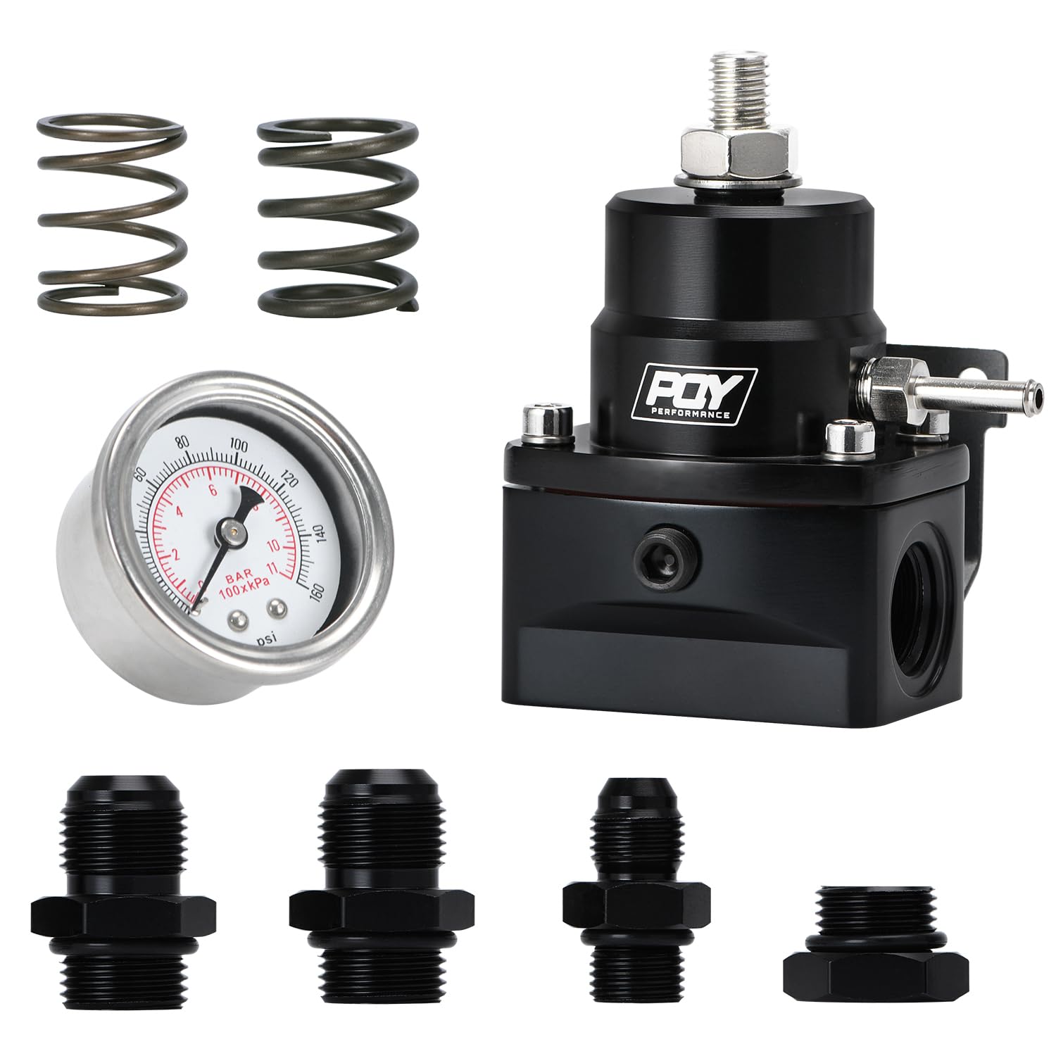 PQY Adjustable Fuel Pressure Regulator Kit 3-70PSI with AN8 Feed Port and AN6 Return Port (black)