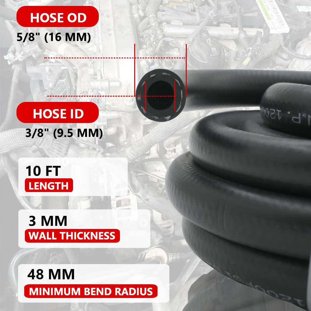 Byredio 3/8 Fuel Line Hose - 10Ft High-Pressure 300Psi Fuel Injection Hose Rubber Nbr Hose For Oil, Gas, Fuel, Diesel, Hydraulic