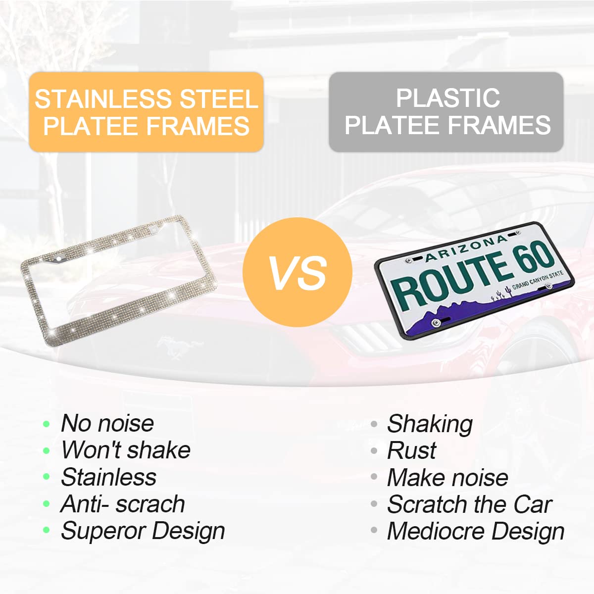 Yalok Bling Car License Plate Frame, Sparkly Rhinestone Stainless Steel License Plate Cover/Holder, Universal For Most Cars, Suvs, Vehicles With Screw Set, Auto Accessories For Women (Light Gold)