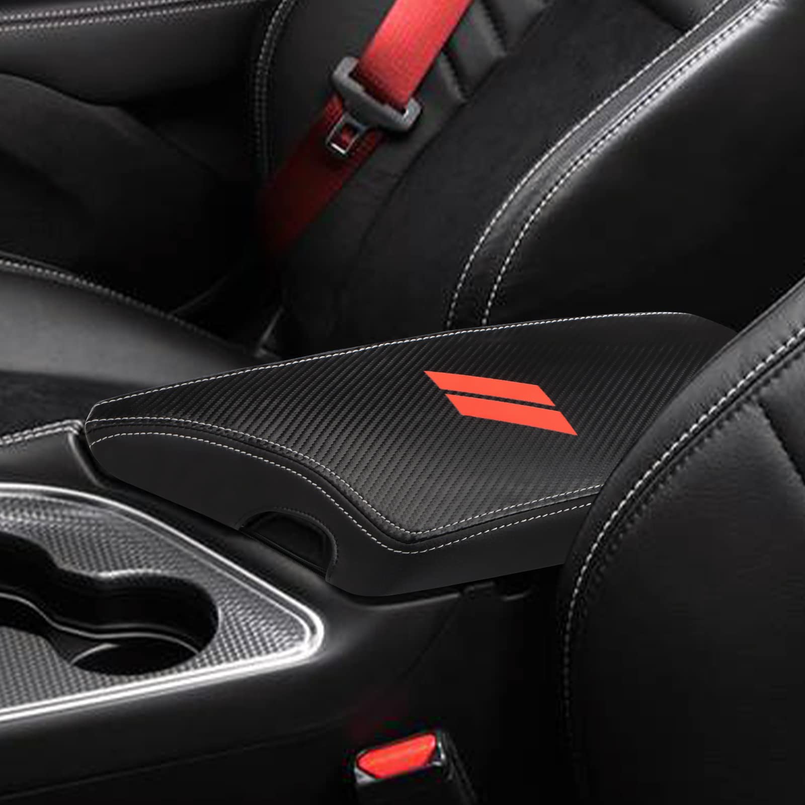INTGET Car Center Console Armrest Cover, PU Leather, Black Carbon Fiber Texture, Fits 2015-2023 Dodge Challenger, Interior Lid Protector