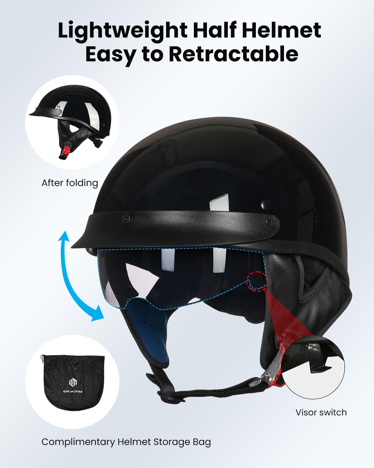 Ilm Half Helmet Motorcycle Open Face Sun Visor Quick Release Buckle Dot Approved Cycling Motocross Suits Men Women 205V (Xxl, Gl