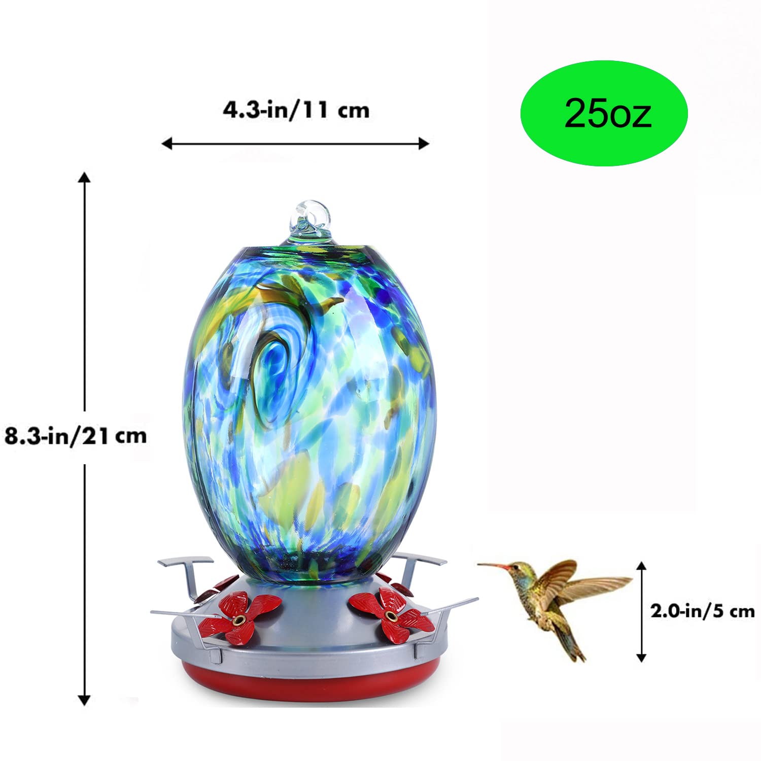 Jalamwang Hummingbird Feeder For Outdoors Hanging, 25 Ounces, Hand Blown Glass, Leak Proof Rustproof, Containing Ant Moat, For A