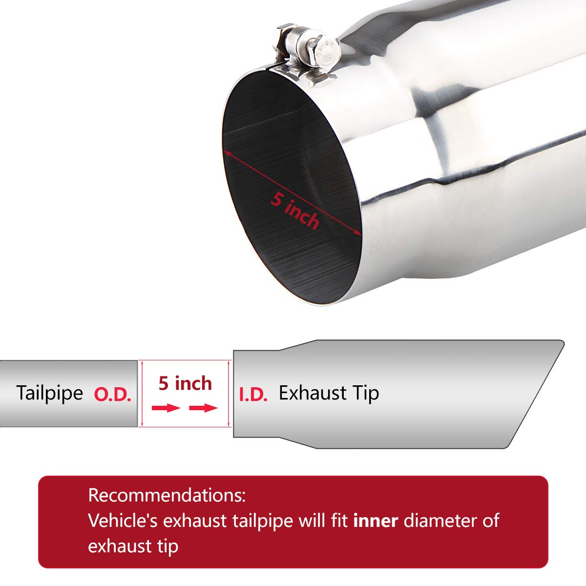 Exhaust Tip 5 Inlet 8 Outlet 15 Long Rolled End Angle Cut Bolt On Polished Exhaust Tail Pipe