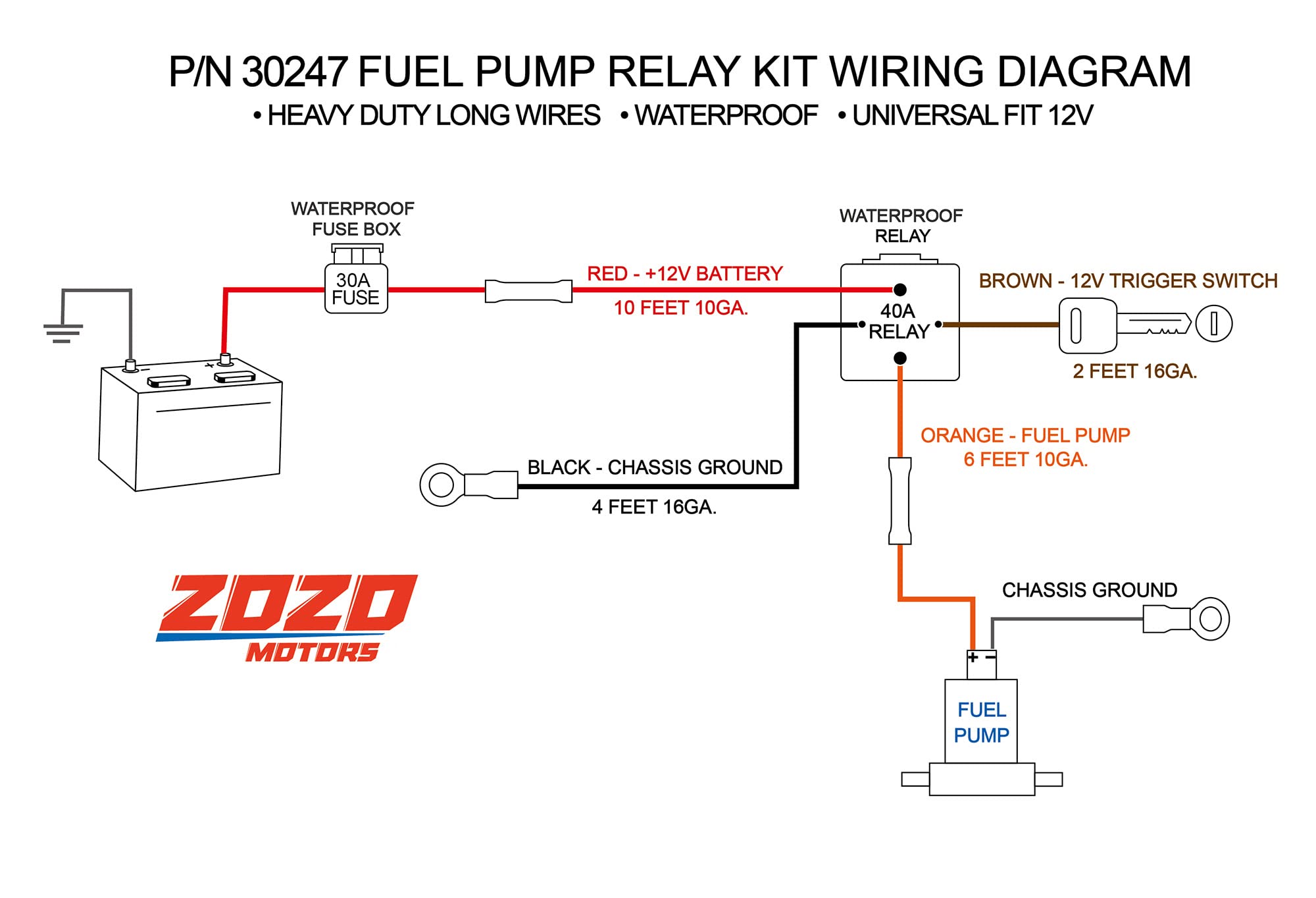 ZOZOMOTORS Electric Fuel Pump Relay Kit Fuel Pump Wiring Harness Kit Relay Bypass 40 AMP Waterproof Relay Switch Kit Heavy Duty
