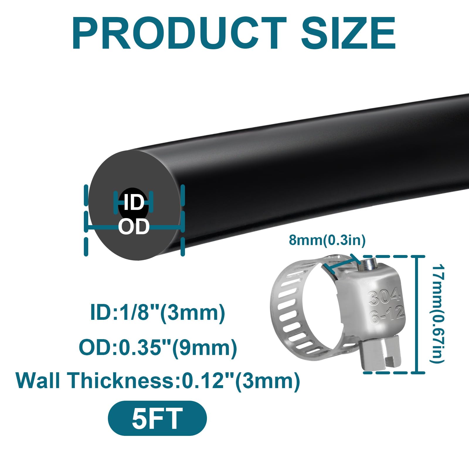 SDZONGES Vacuum Hose Automotive, 5FT ID 1/8''(3mm) Vacuum Hose, 130PSI Max Pressure Silicone (4pcs Clamps include).