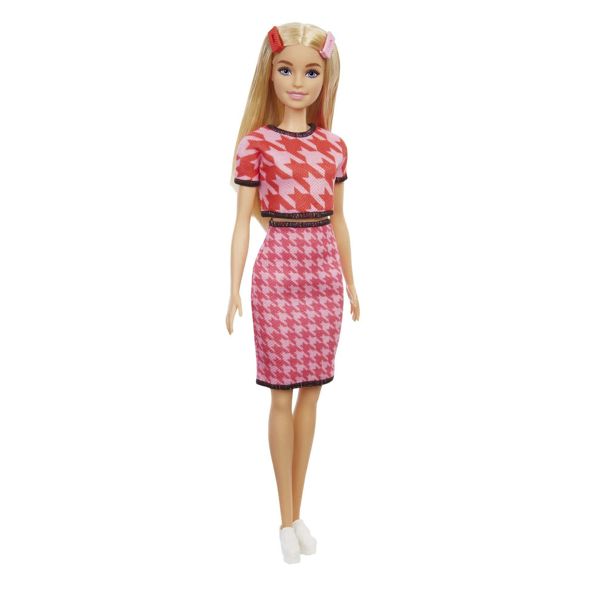 Barbie Fashionistas Doll #169 With Long Blonde Hair, Houndstooth Crop Top & Skirt & Accessories Including Platform Shoes & 2 Bar