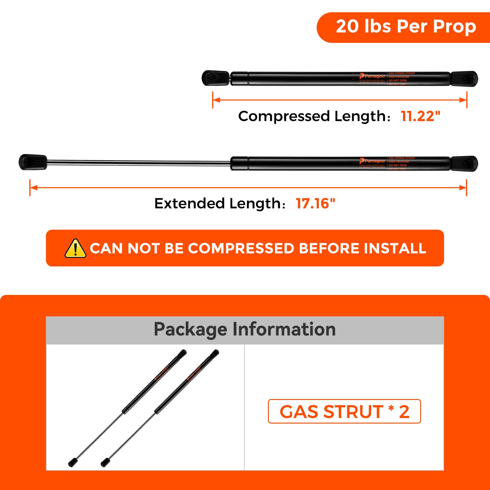 Pamagoo C16-15645 C1615645 17 Inch Gas Strut 20 Lb 89 N Per Prop, Gas Spring Shock Lift For A.R.E Leer Snugtop Camper Shell Wind