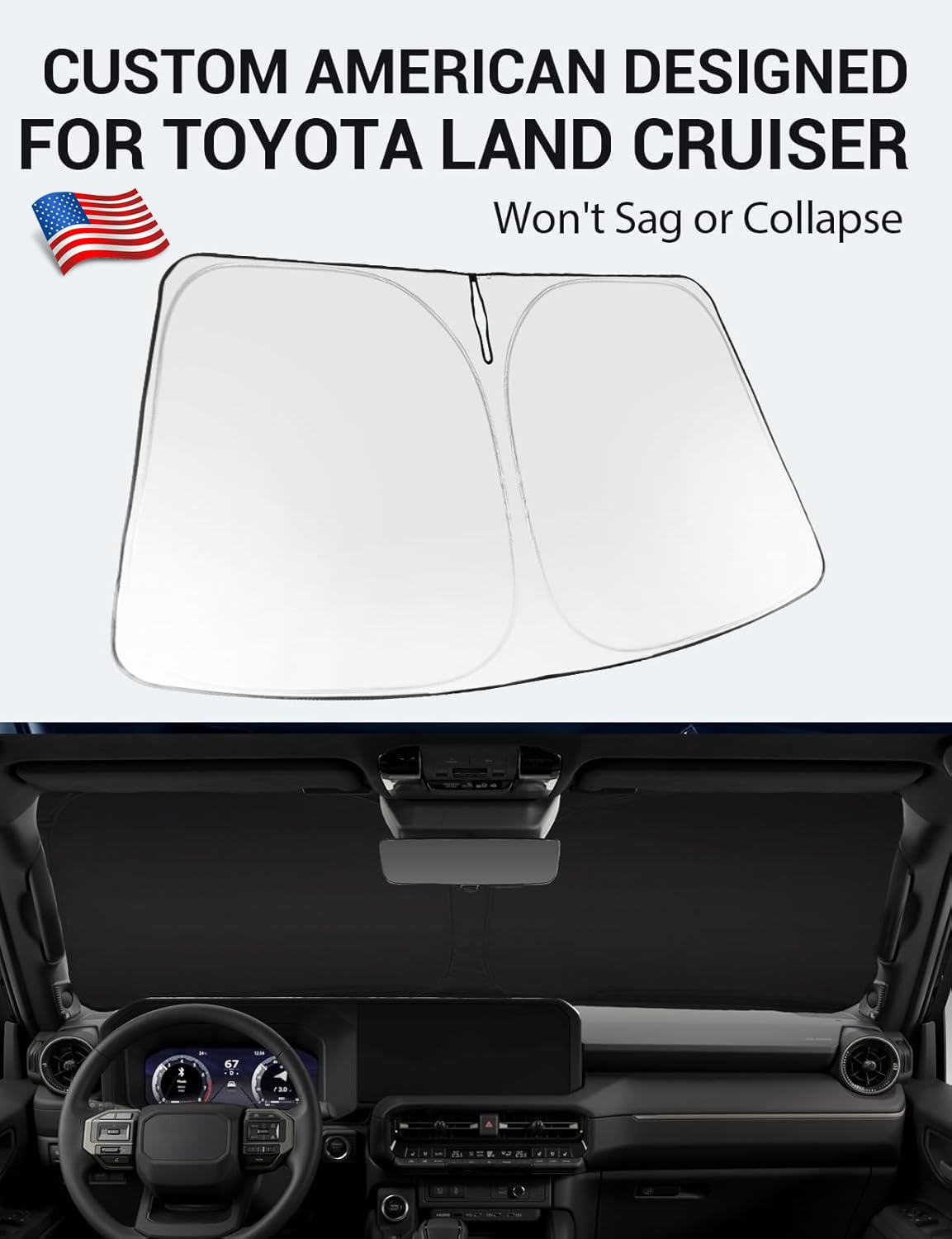 Proadsy Windshield Sun Shade for 2024-2026 Toyota Land Cruiser, Black & Silver, Foldable UV Protection, Model PRS395, Polyester