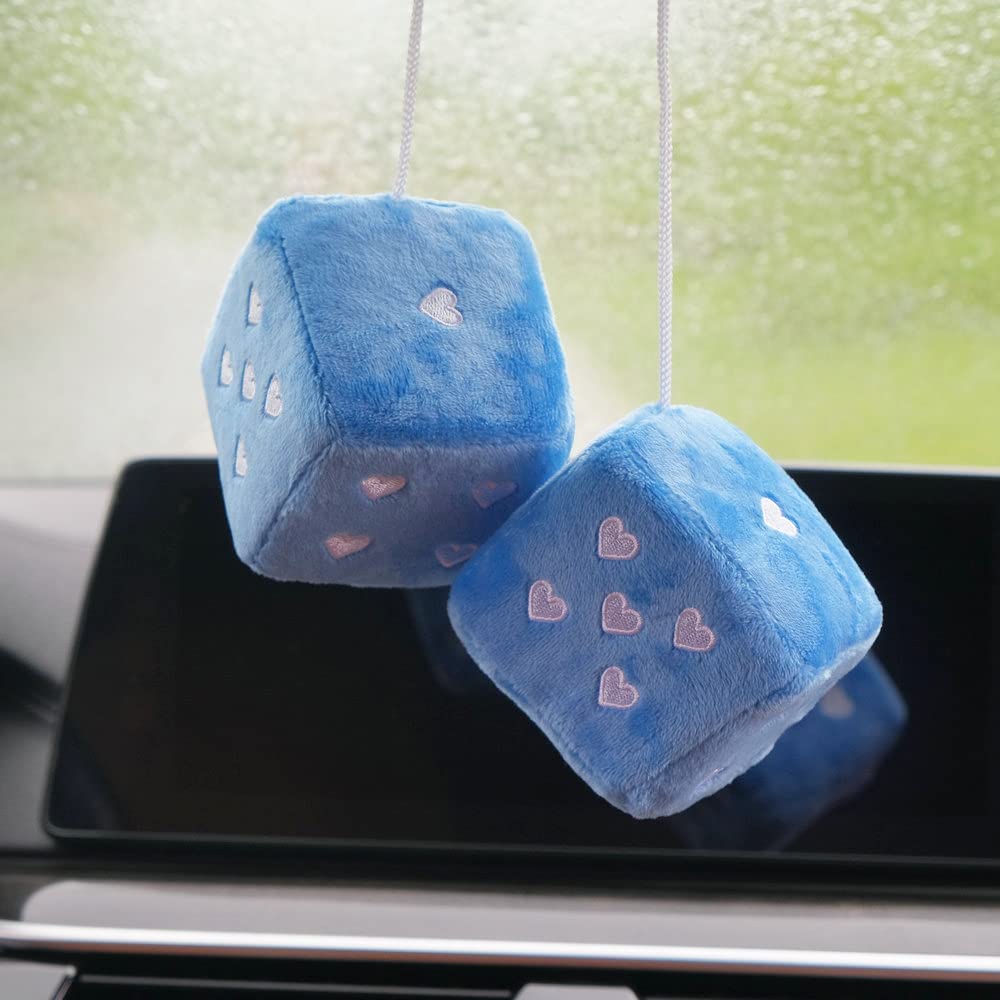 Pair 3    Pink Fuzzy Plush Dice Heart Shape Decor for Car Rearview Mirror, Retro Square Decoration Dice for Car Hanging Accessor