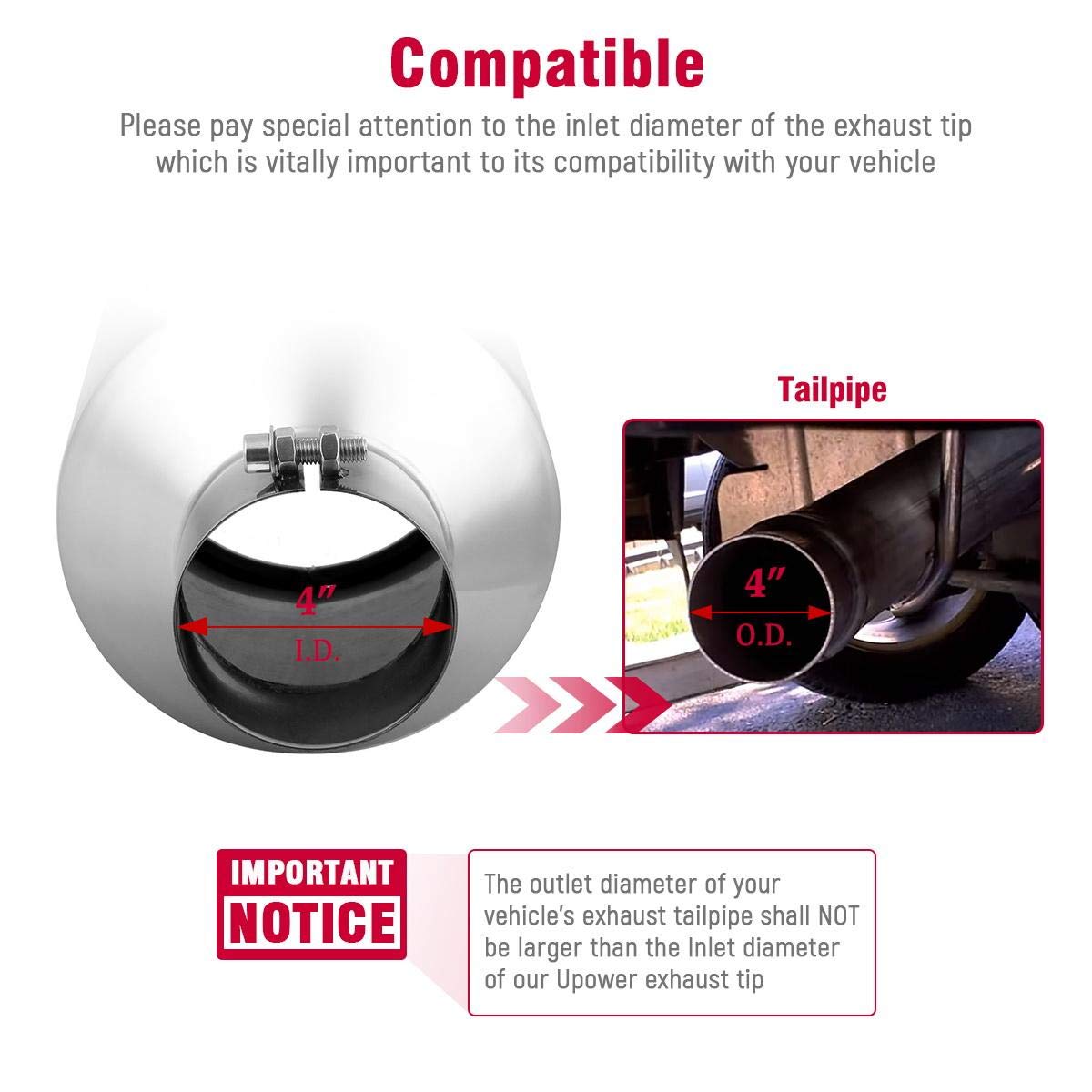 Upower Universal Diesel Trucks Car Exhaust Tip 4 Inch Inlet 6' Outlet 15' Long Stainless Steel Bolt-On