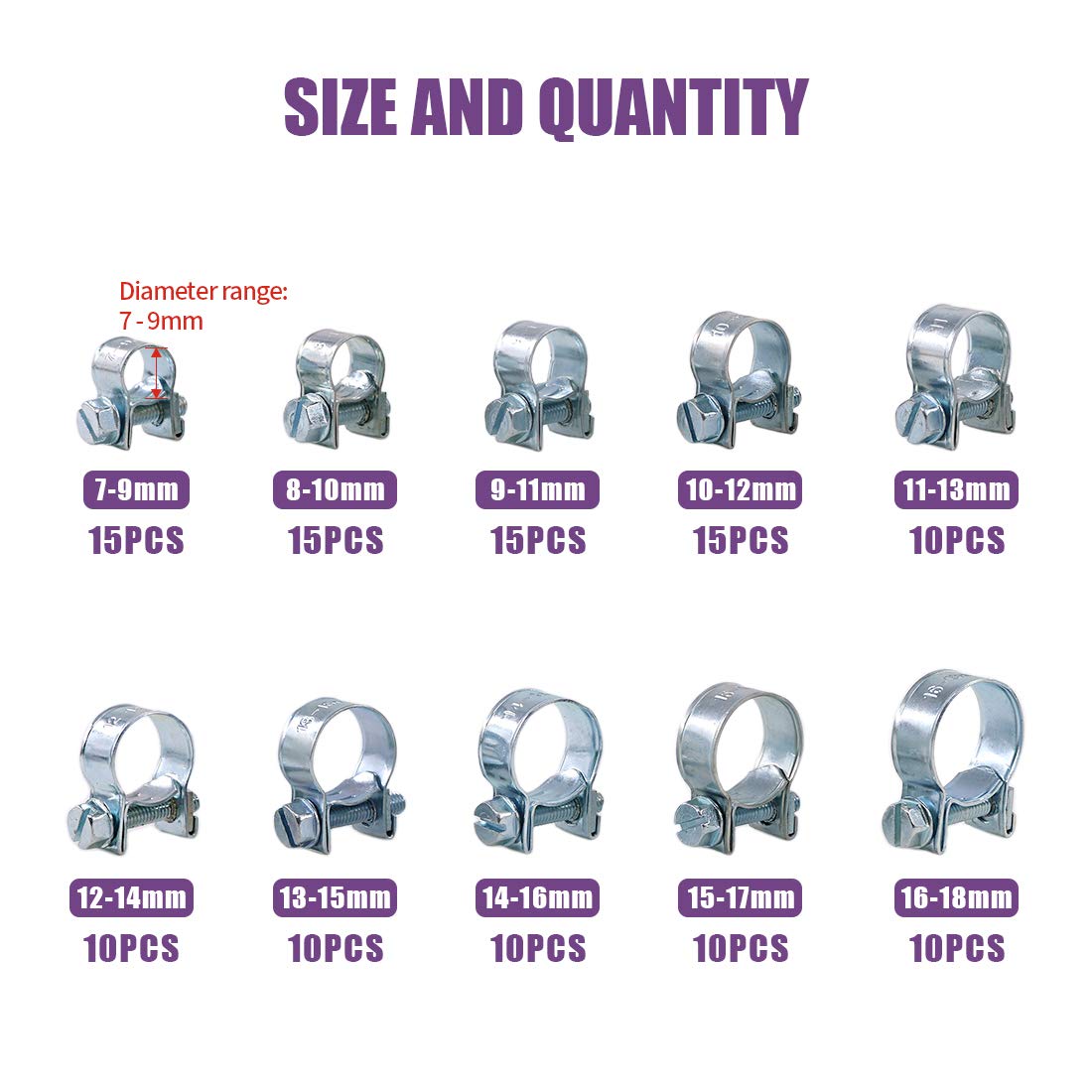 Swpeet 120Pcs 10 Sizes Zinc Plated Mini Fuel Injection Line Style Hose Clamp Assortment Kit Perfect For Automotive, Agriculture,