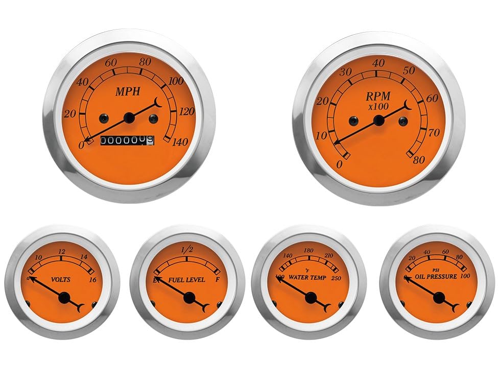 MOTOR METER RACING Classic 6 Gauge Set with Mechanical Speedometer Analog Odometer Orange Dial Black Needle White LED Illuminati