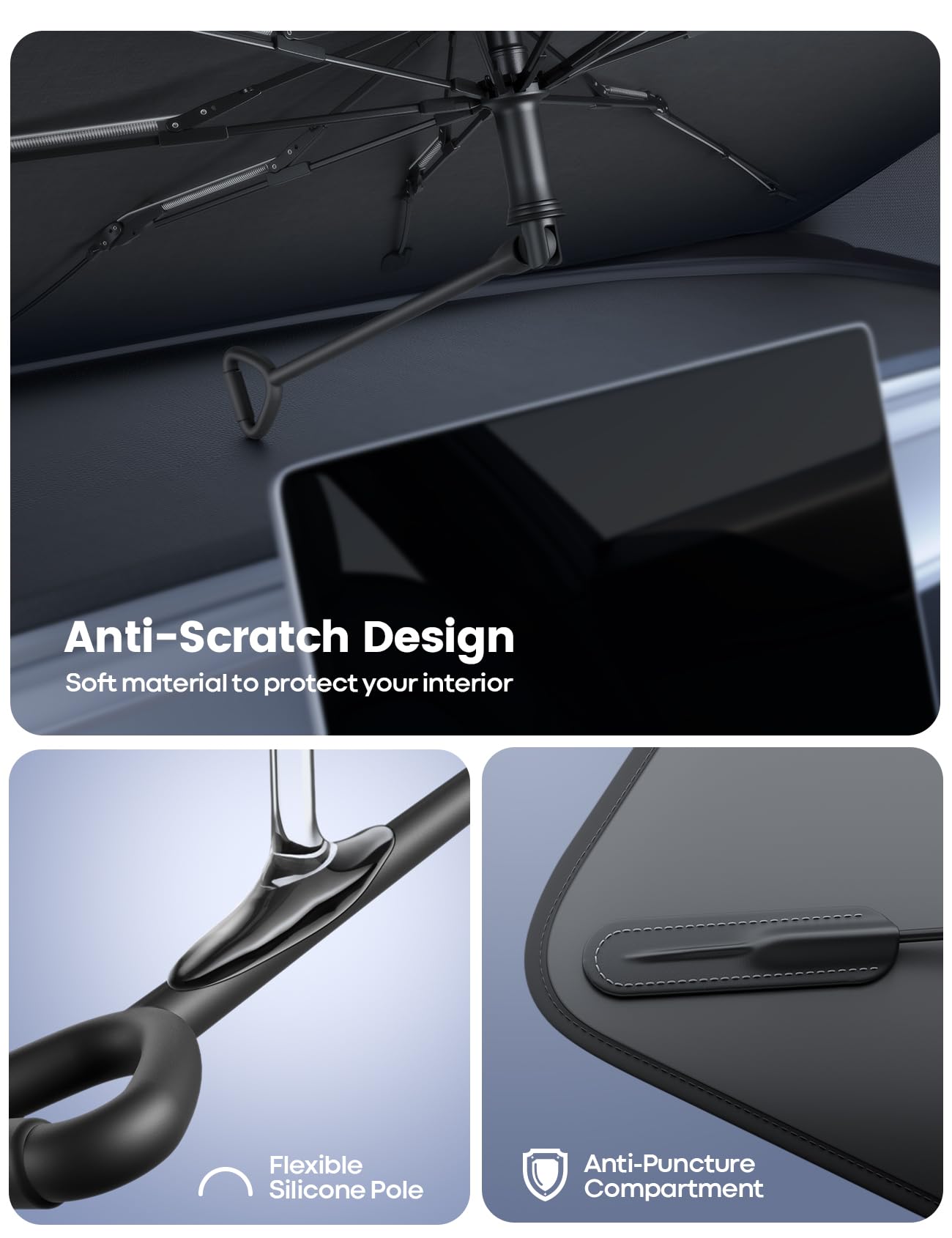 Tesla Model 3/Y Windshield Sunshade - 2025 Upgrade Foldable Sunshade Umbrella, 5-Layer Uv Block, 10-Rib Frame, Fits Tesla Model