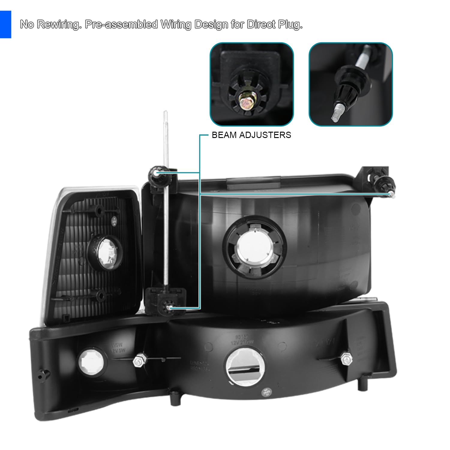 Spec-D Tuning Black Housing Clear Lens Headlights + Bumper Lights + Corner Lamps Compatible With 1992-1996 Ford F150 F250 F350 Bronco Left + Right Pair Headlamps Assembly