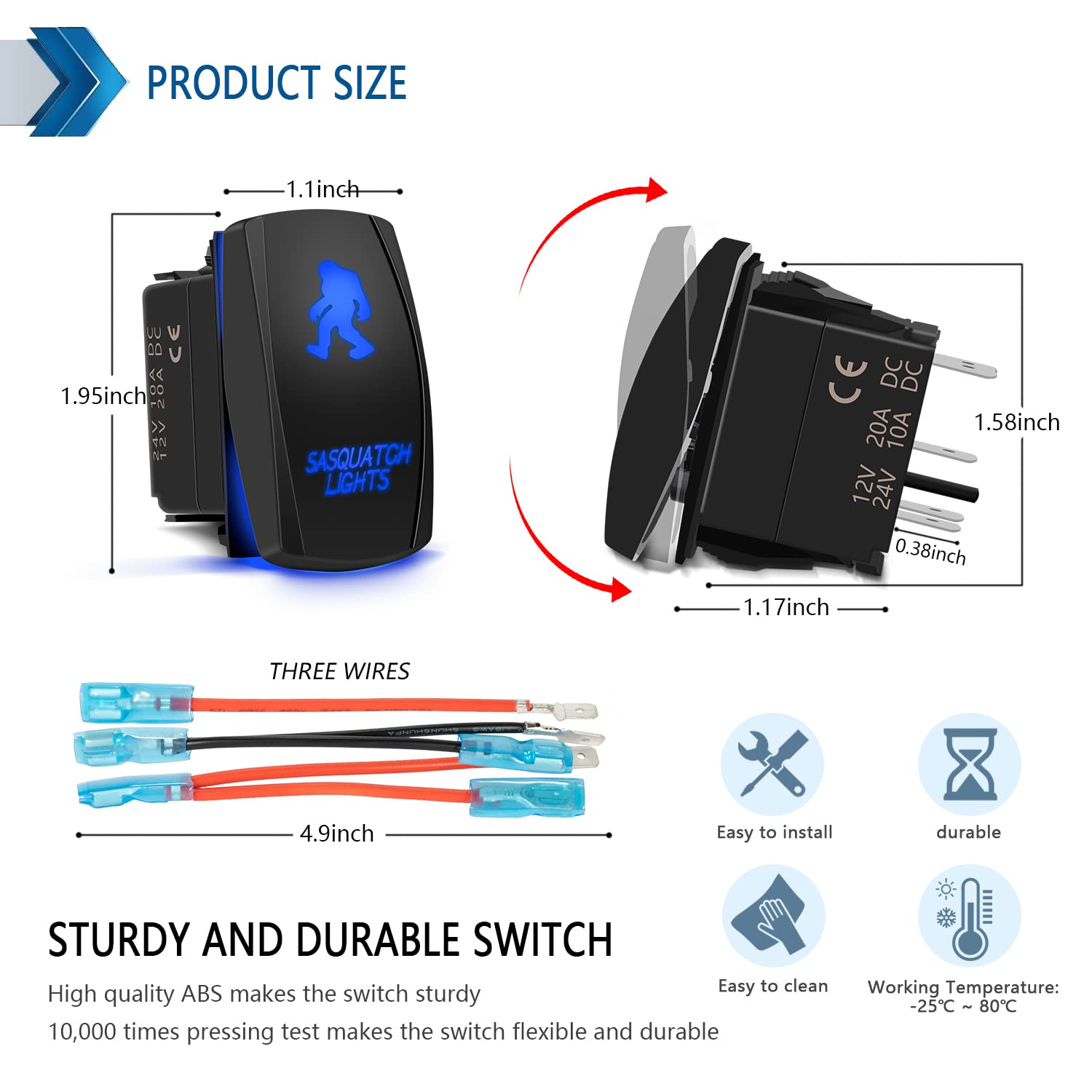 Fabood F Waterproof 5 Pin Sasquatch Lights Rocker Switch Laser Spst On/Off Two Led Backlit Blue Light 20A 12V For Automotive Mot