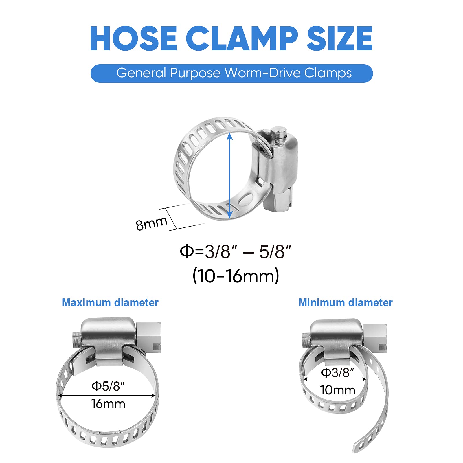 Ticonn 20Pcs Hose Clamp Set - 3/8 ' '-5/8 ' ' 304 Stainless Steel Worm Gear Hose Clamps For Pipe, Intercooler, Plumbing, Tube An