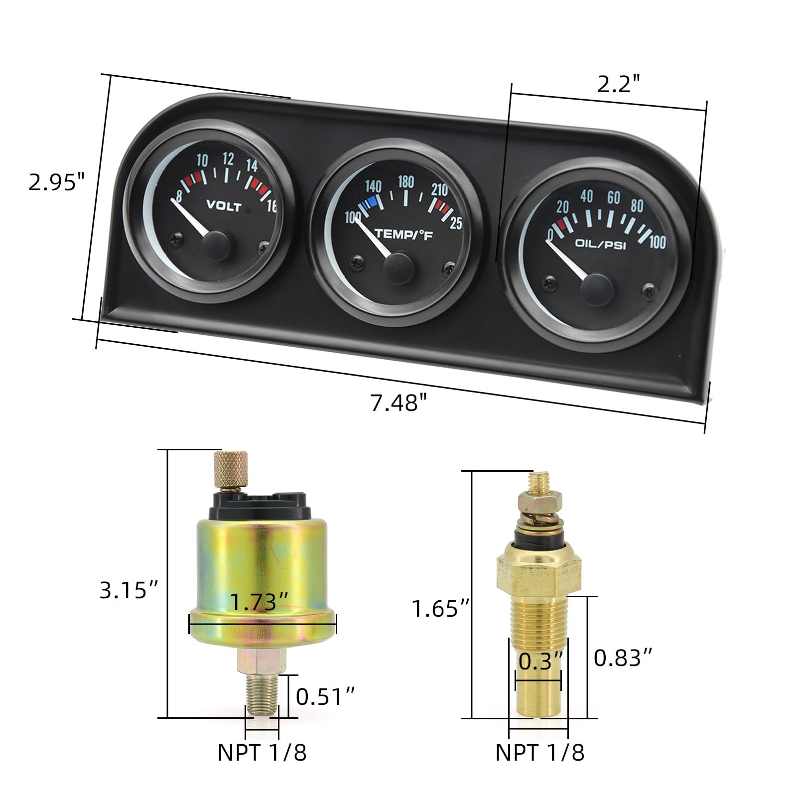 Artilaura 52Mm 3 In1 Car Auto Gauge Kit (Volt Meter+Water Temp+Oil Pressure Meter) Stainless Steel Triple Auto Dashboard Gauge S
