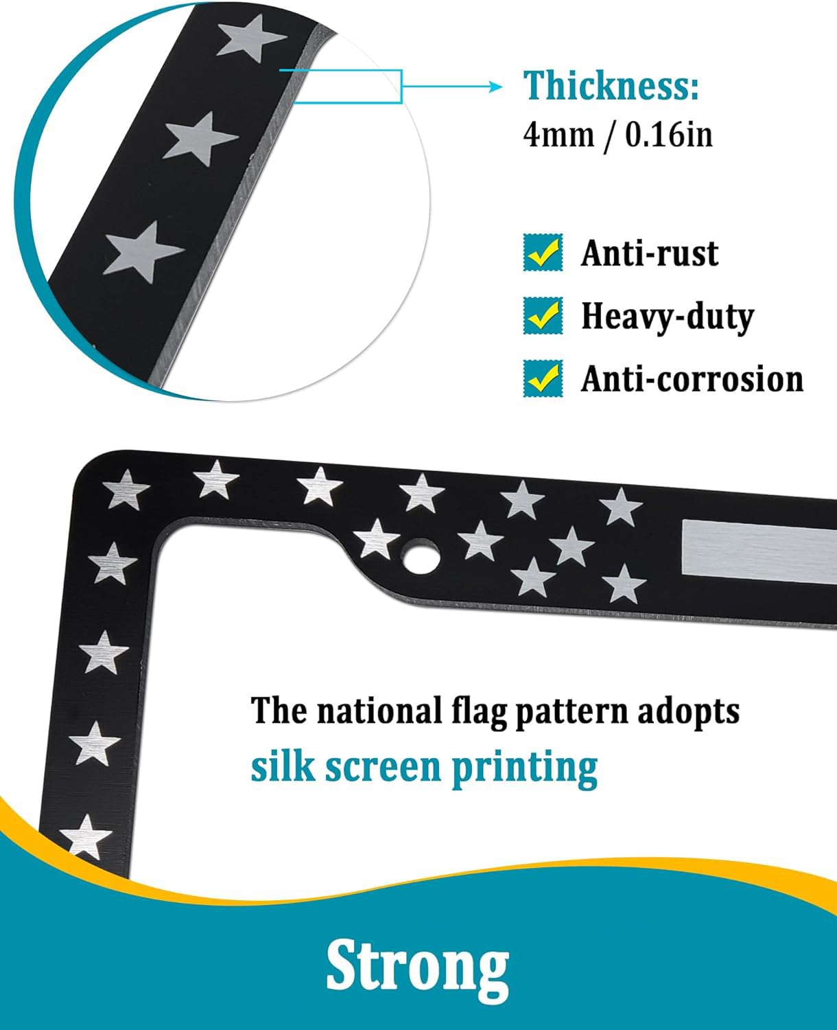 Aootf American Flag License Plate Frames- Patriotic Usa Car Tag Cover, 2 Pack 4 Hole Thin Matte Black Brushed Aluminum Plastic C