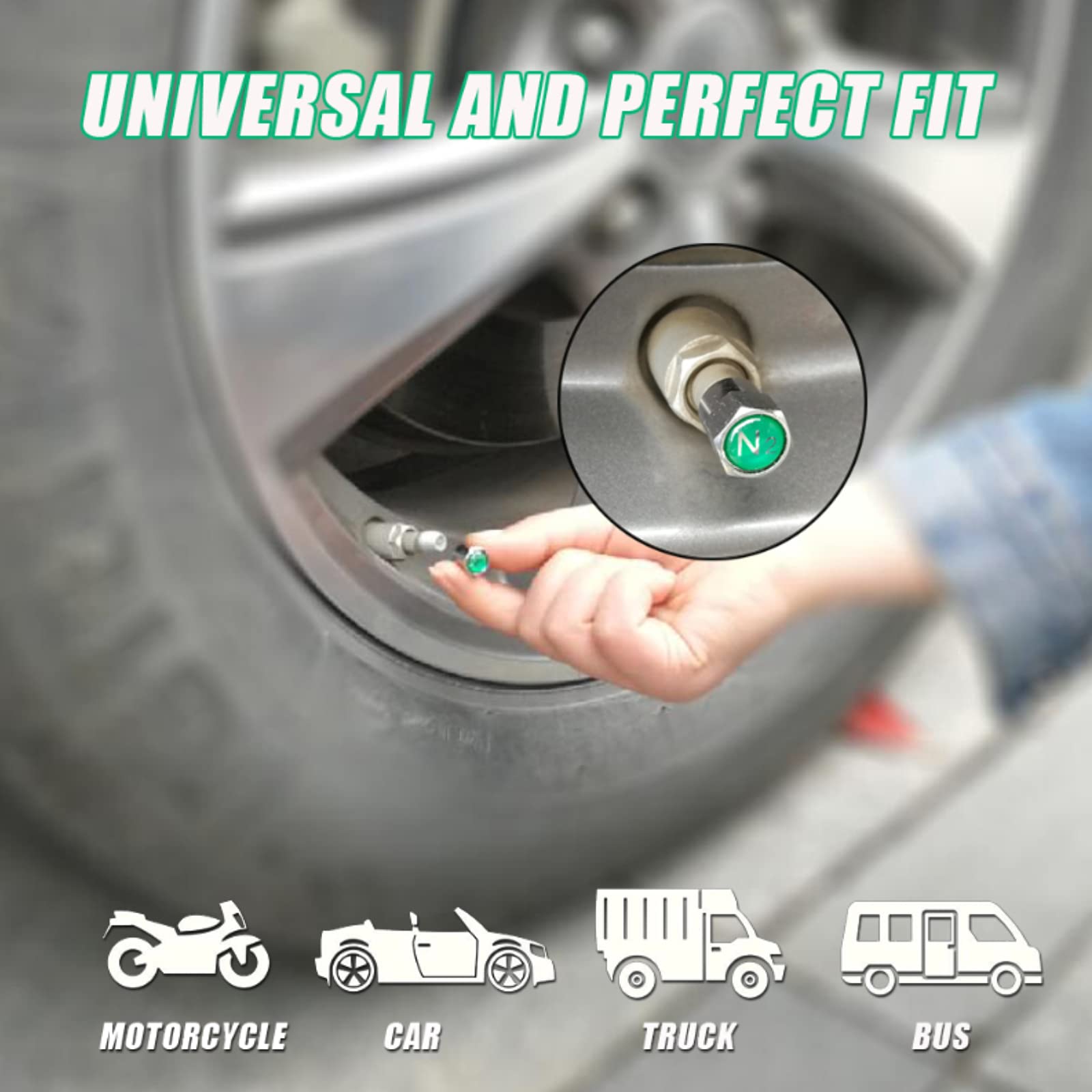 GODESON Chrome Plated Brass Tire Valve Stem Caps with N2 Nitrogen Logo, Green, 0.53 inch, 5 pcs Set + 1 Spare