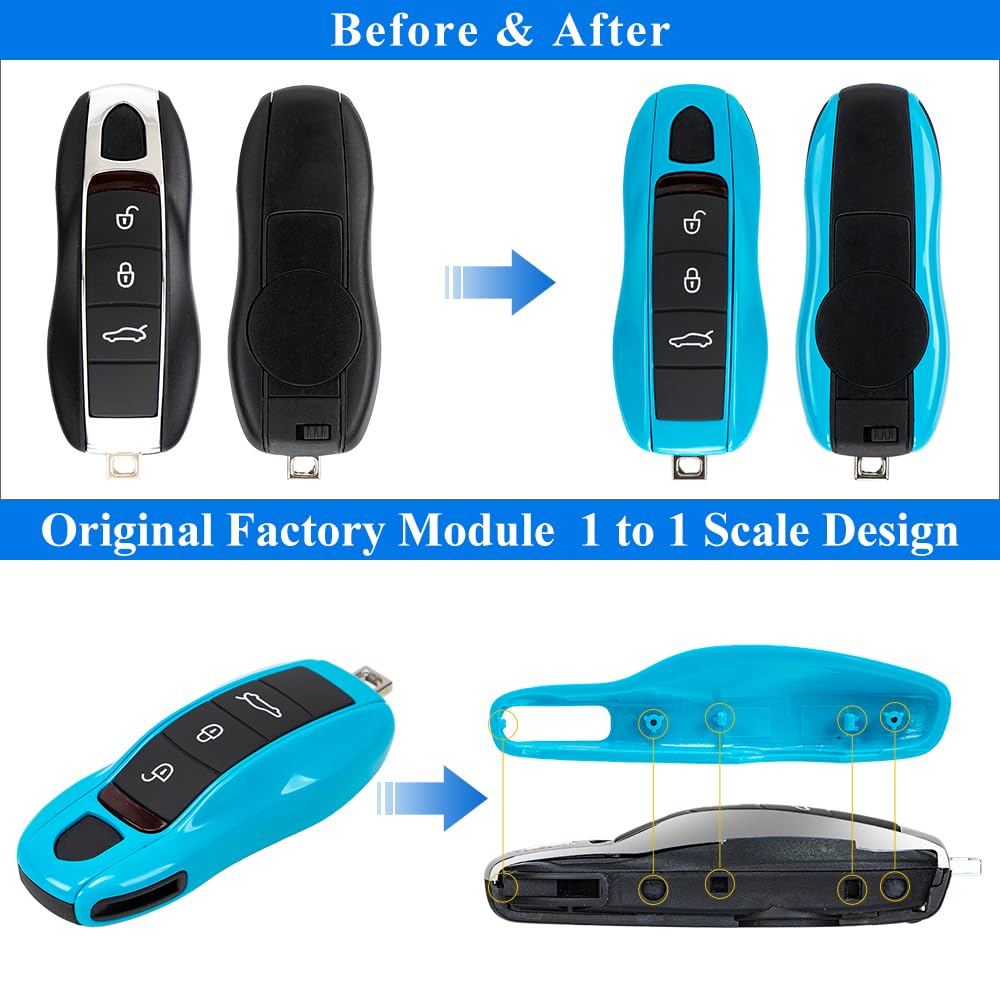 Aerobon 3-Piece Painted Key Cover Compatible With Porsche, Key Fob Shell Cover Replacement (Miami Blue)