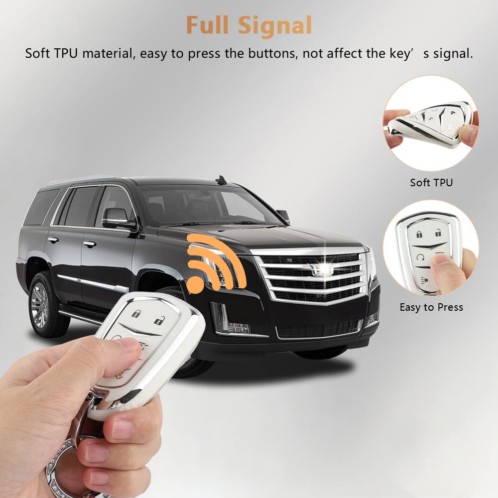 Pifoog Escalade Key Fob Cover For Cadillac 6 Button Smart Keys Case Proector Accessories Tpu Soft Bling Keychain White Silver Girly Cute For Cadillac Escalade Esv 2015 - 2020