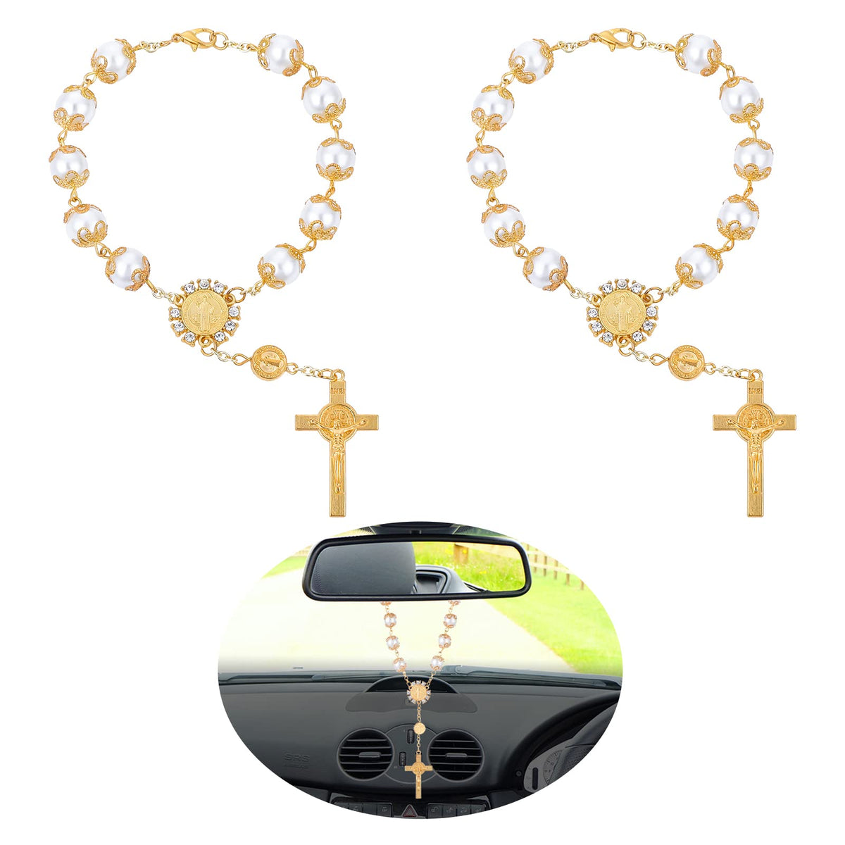 Tiesome 2 Pieces Car Rosary For Rearview Mirror, Rearview Mirror Auto Rosary Beads Car Medal And Cross Hanging Accessories For M