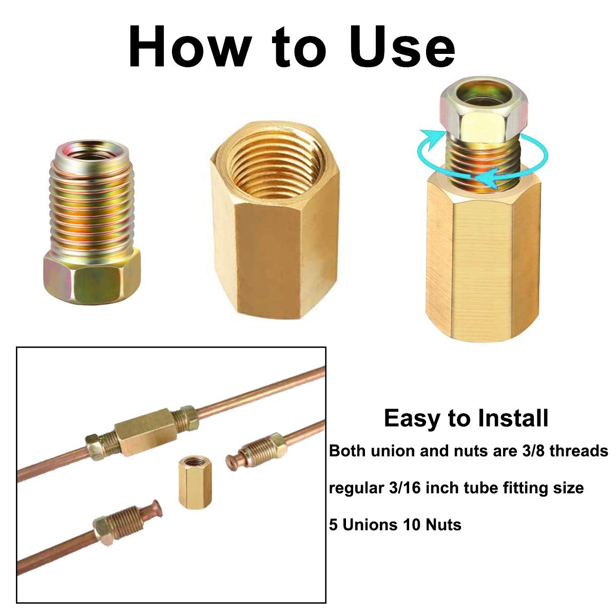 MuHize Brake Line Unions, 10 PCS Brass Inverted Flare Brake Line Unions (3/8'' 24 Threads) Assortment for 3/16'' Tube Fittings
