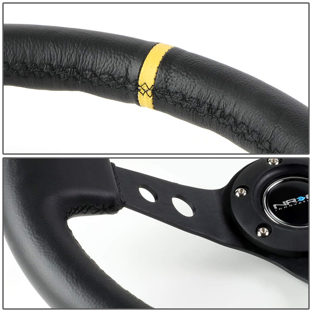 Nrg Steering Wheel - 06 (Deep Dish) - 350Mm (13.78 Inches) - Black Leather With Black Spokes/Yellow Stripe - Part # St-006Bk-Y B