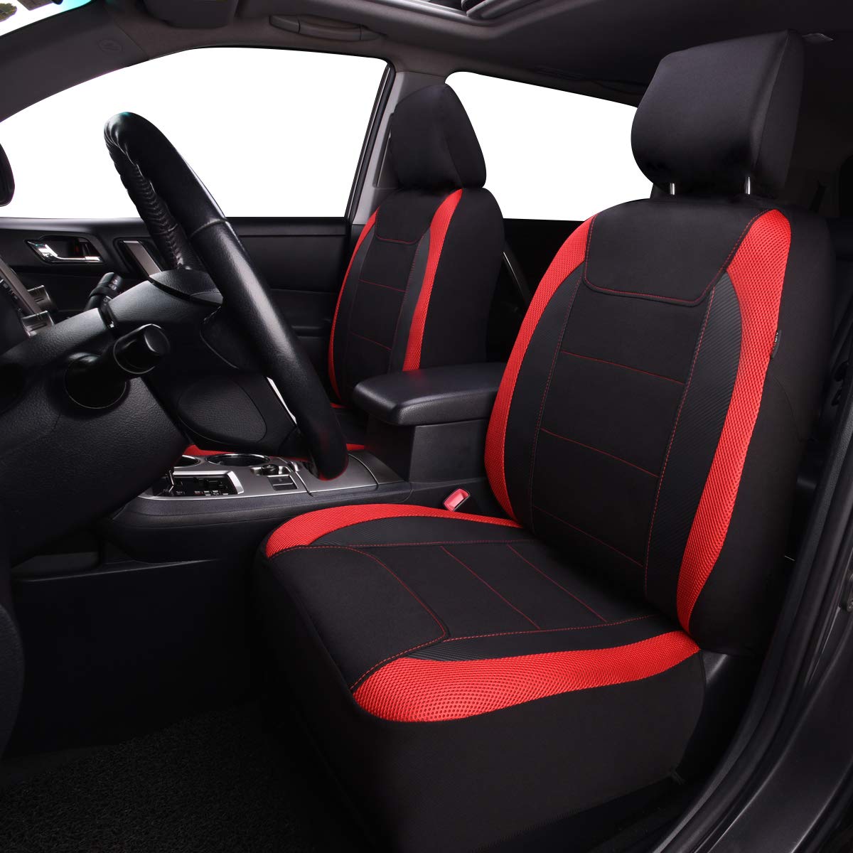 Flying Banner Car Seat Covers Quality Carbon Fiber Faux Leather Mesh Fabric Sport Low High Back Bucket Back Pocket Arm Rest Car Suv Truck Pick Up (2 Fronts - Low Bucket, Red)