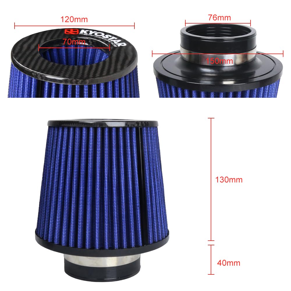 Kyostar 3 Inch 76Mm Cold Air Intake Filter Cone Universal Carbon Fiber Replacement High Flow Dry Air Filter Black
