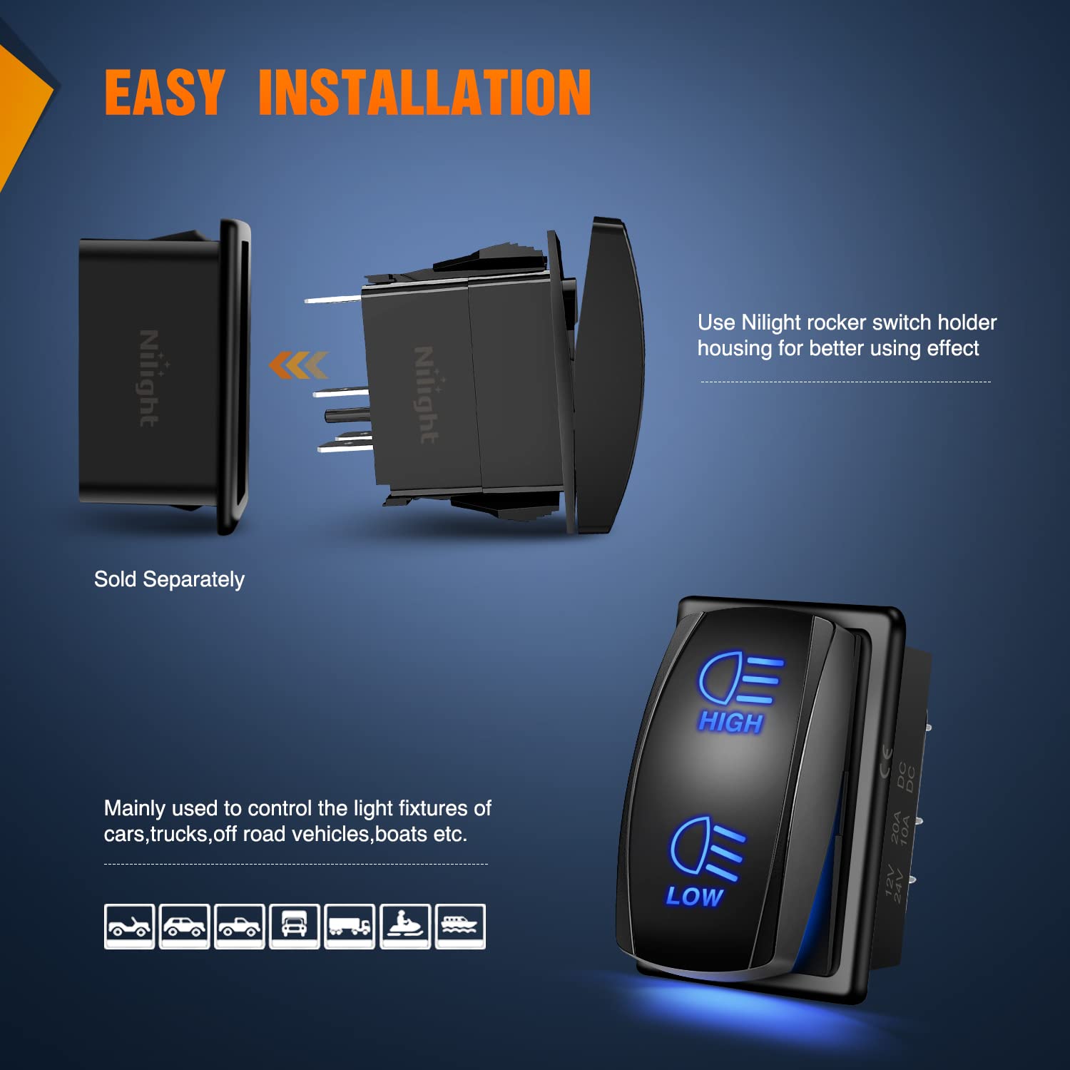 Nilight High Low Beam Headlights Rocker Switch Toggle On Off On Switch DPDT 7Pin 12V 24V High/Low Switch Jumper Wires for Cars T