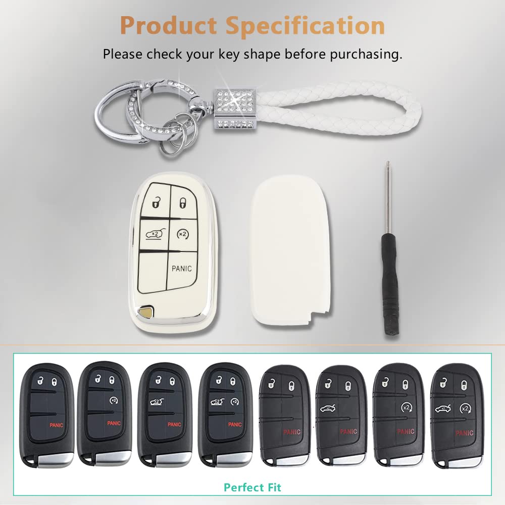 Pifoog White Key Fob Cover For Jeep Grand Cherokee Compass Renegade Accessories Tpu Soft Car Keys Case Shell Protector Bling Keychain 5 Buttons Girly Women Cute