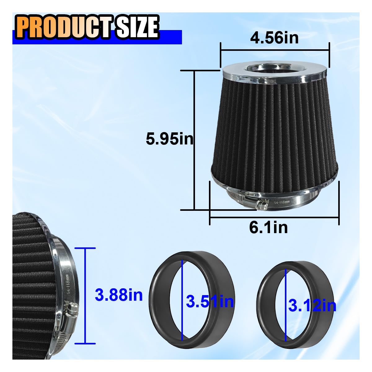 Universal Clamp-On Air Intake Filter, High Flow Closed-Top Cool Air Filter Cleaner, 76 89 102Mm Performance Round Tapered Cone A