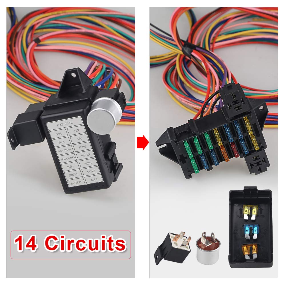 WMPHE 14 Circuit Wiring Harness Kit, Professional Universal Electrical Wire Harness, Car Modification Circuit 14 Fuse Compatible