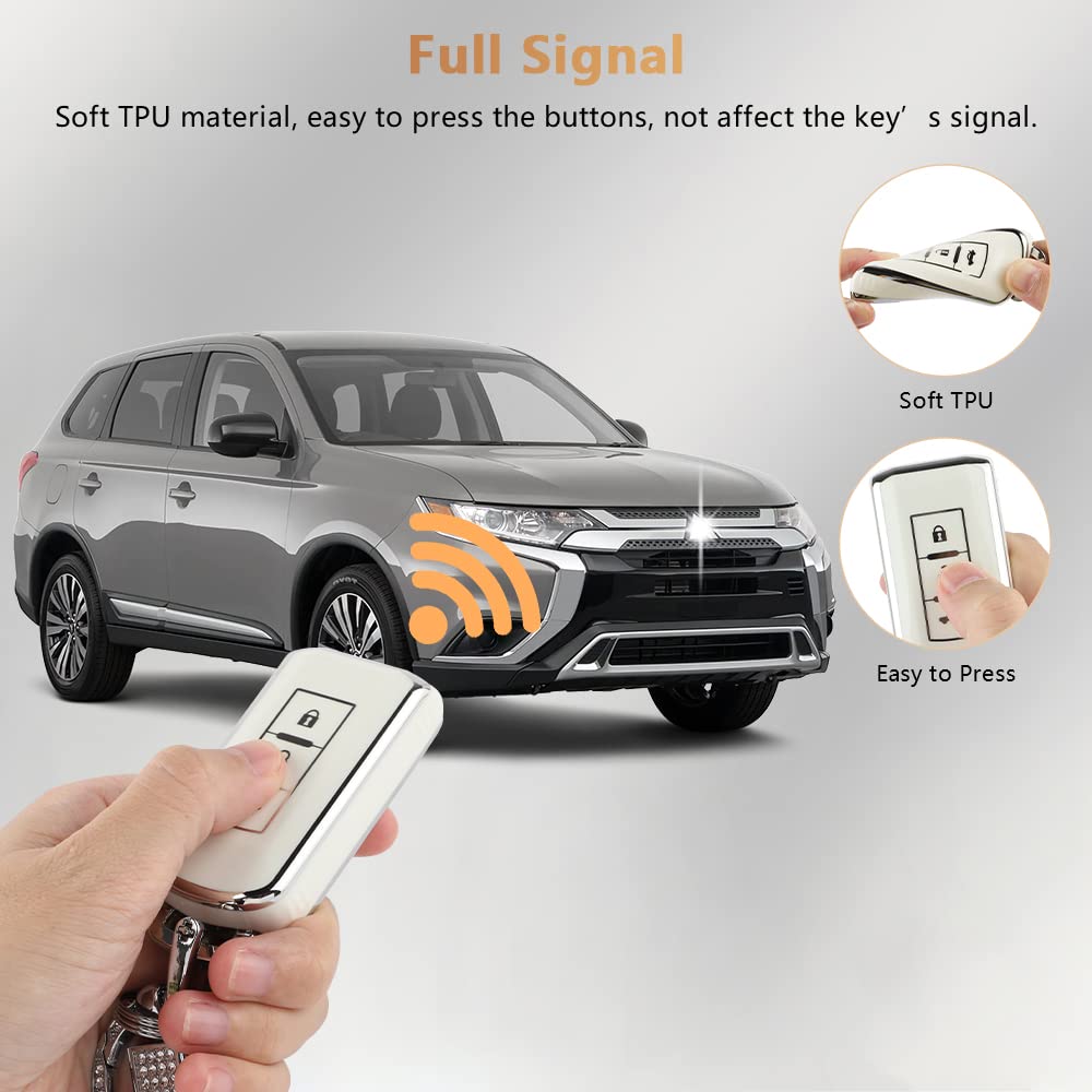 Pifoog Key Fob Cover For Mitsubishi Lancer Outlander Mirage Accessories Soft Tpu 3 Buttons Smart Keys Case Shell Protector Glitter Keychain Girl Women White Silver