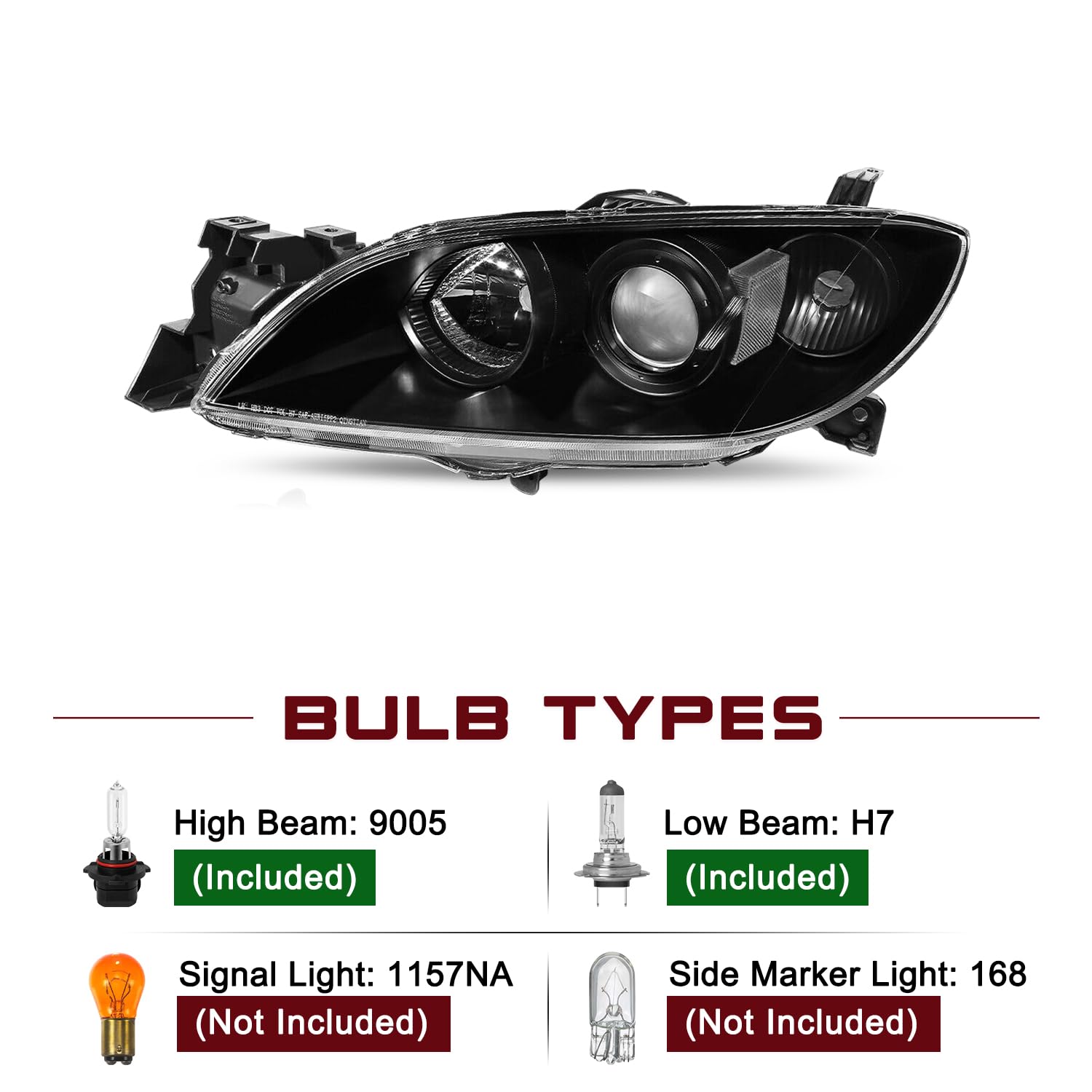 Jsboyat Halogen Headlight Assembly Compatible With 2004-2009 Mazda 3 Sedan 4-Door Driver And Passenger Side Black Housing With Clear Reflector (Bulbs Included)