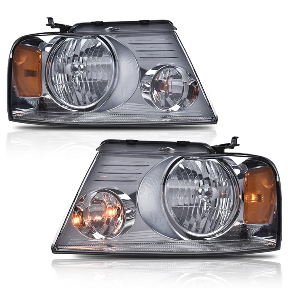 Cheda Headlights Assembly Compatible With 2004-2008 Ford F150/2006-2008 Lincoln Mark Lt Bumper Headlamp, Chrome Housing Halogen(