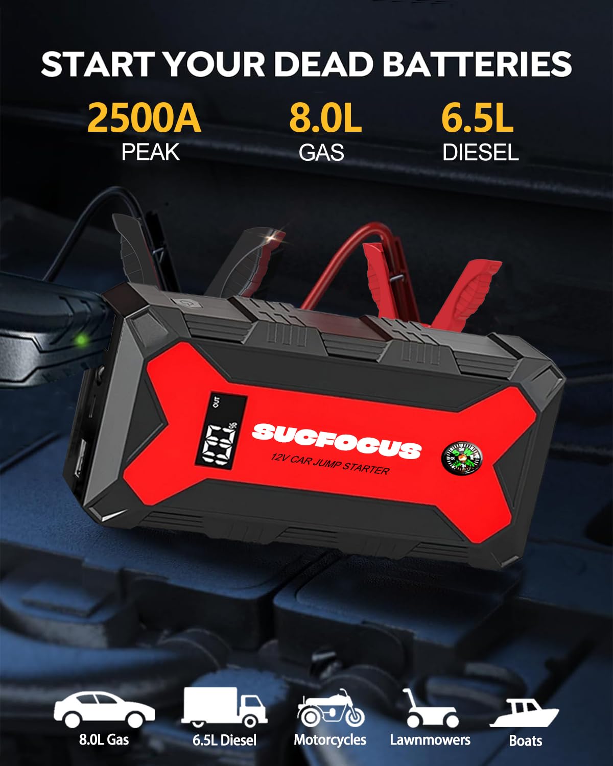 Car Battery Jump Starter, 2500A Battery Jumper Starter Portable (For 8.0L Gas Or 7L Diesel Engine), Jump Box, Jump Start Battery