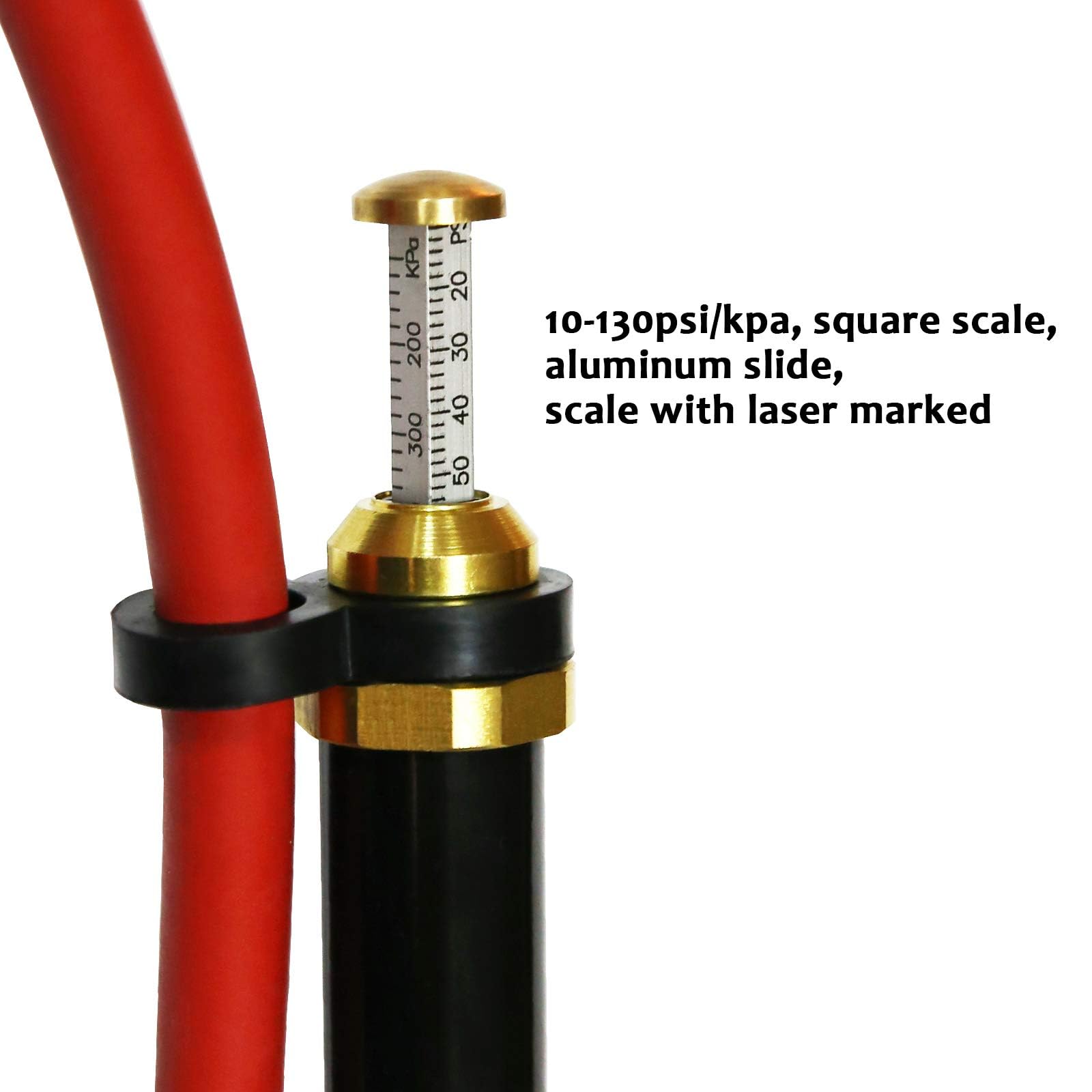 Measureman Heavy Duty Bayonet Style Tire Inflator, Aluminum Body, 20'' Red Hose, Clip On Air Chuck, Aluminum Slide, Range 10-130