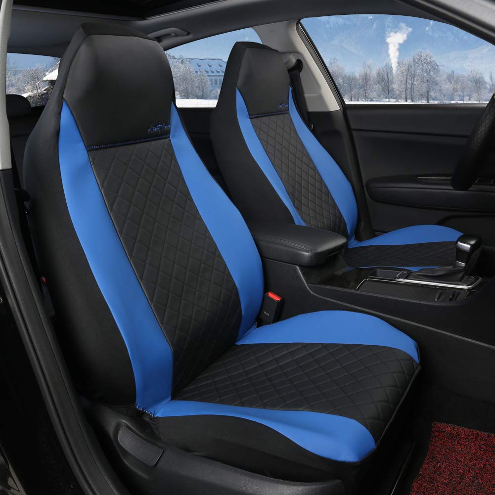Giant Panda Front Car Seat Covers, Bucket Seat Covers, Leather High Back Auto Seat Covers For Cars, Trucks, Jeep, Van, Suv, Pickup, Airbag Compatible (Black + Blue)