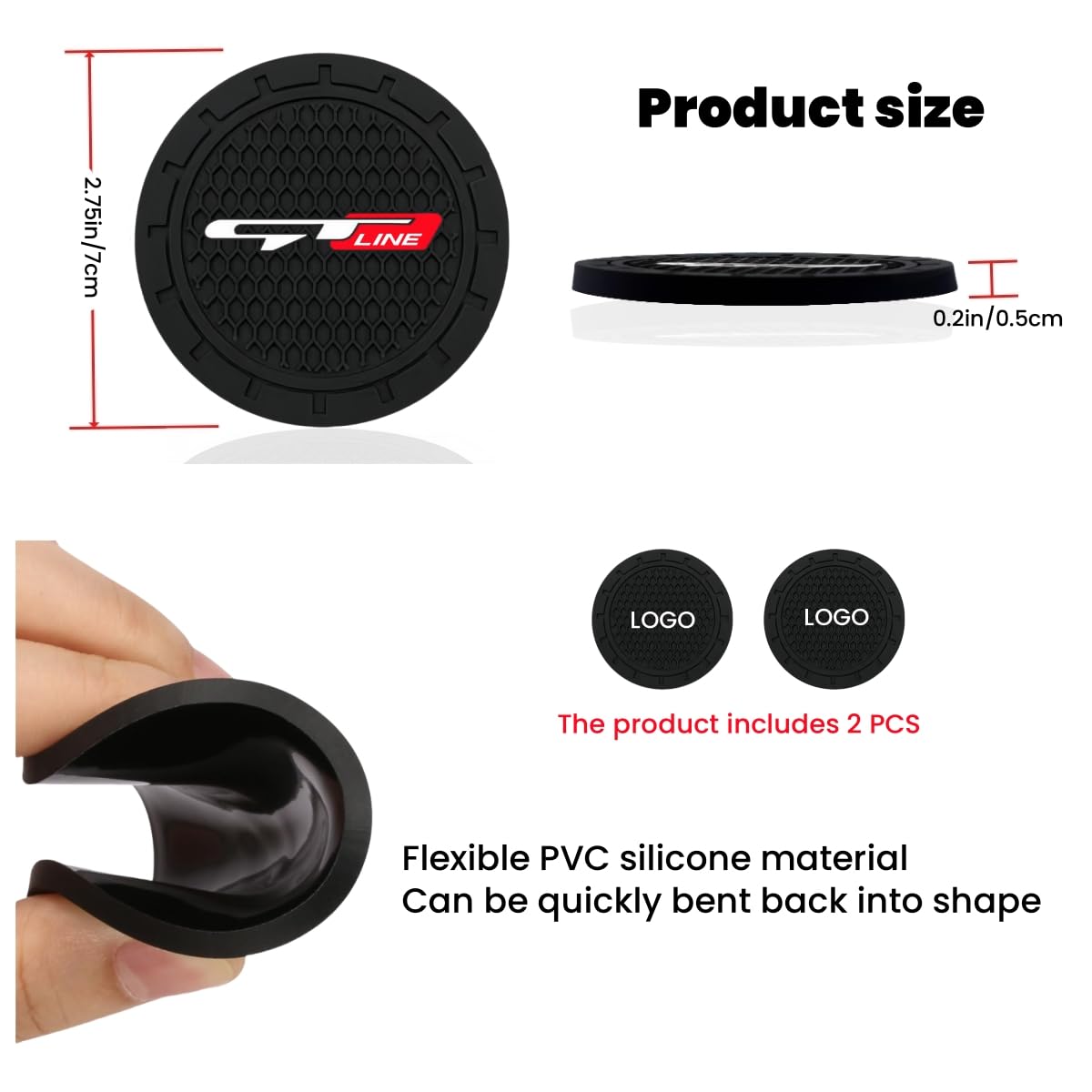 2 Pcs Black Car Cup Holder Coaster Compatible With Gt Line 2.75 Inch Silicone Anti-Slip Fashion Car Interior Accessories