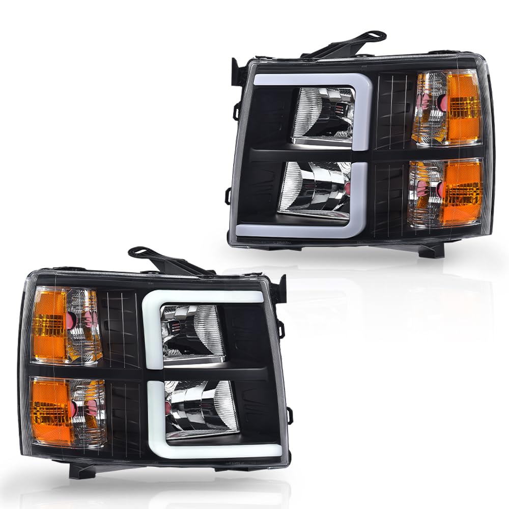 Cheda Led Drl Tube Projector Headlights W/O Bulb Clear Lens Black Housing Amber Reflector Compatible With Chevy Silverado 1500 2
