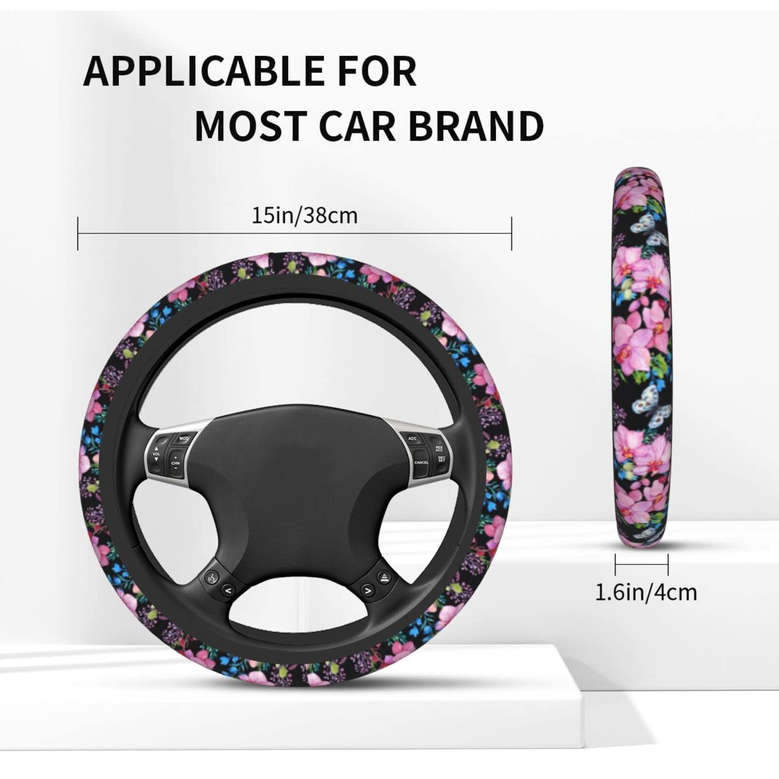 Beautiful Butterfly Steering Wheel Cover for Women Men with 2 Pcs Car Coasters, Universal 14.5-15 Inch Flowers Steering Wheel Co