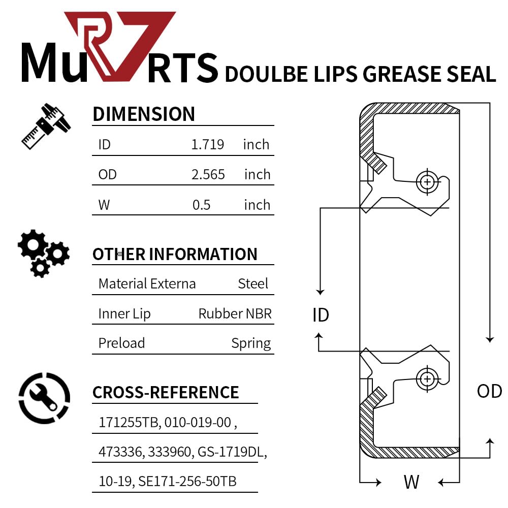 Rv Murts 4 Double Lip Grease Seals Id 1.719'' X Od 2.565'' For 3500Lb #84 Trailer Axle Replacement, 171255Tb, 010-019-00 Dexter,