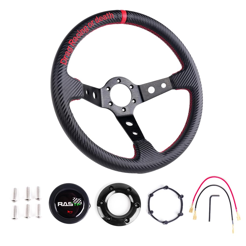 RASTP Deep Dish Steering Wheel,PU Carbon Fiber Racing Steering Wheel,345mm 6 bolt Steering Wheel(Universal)