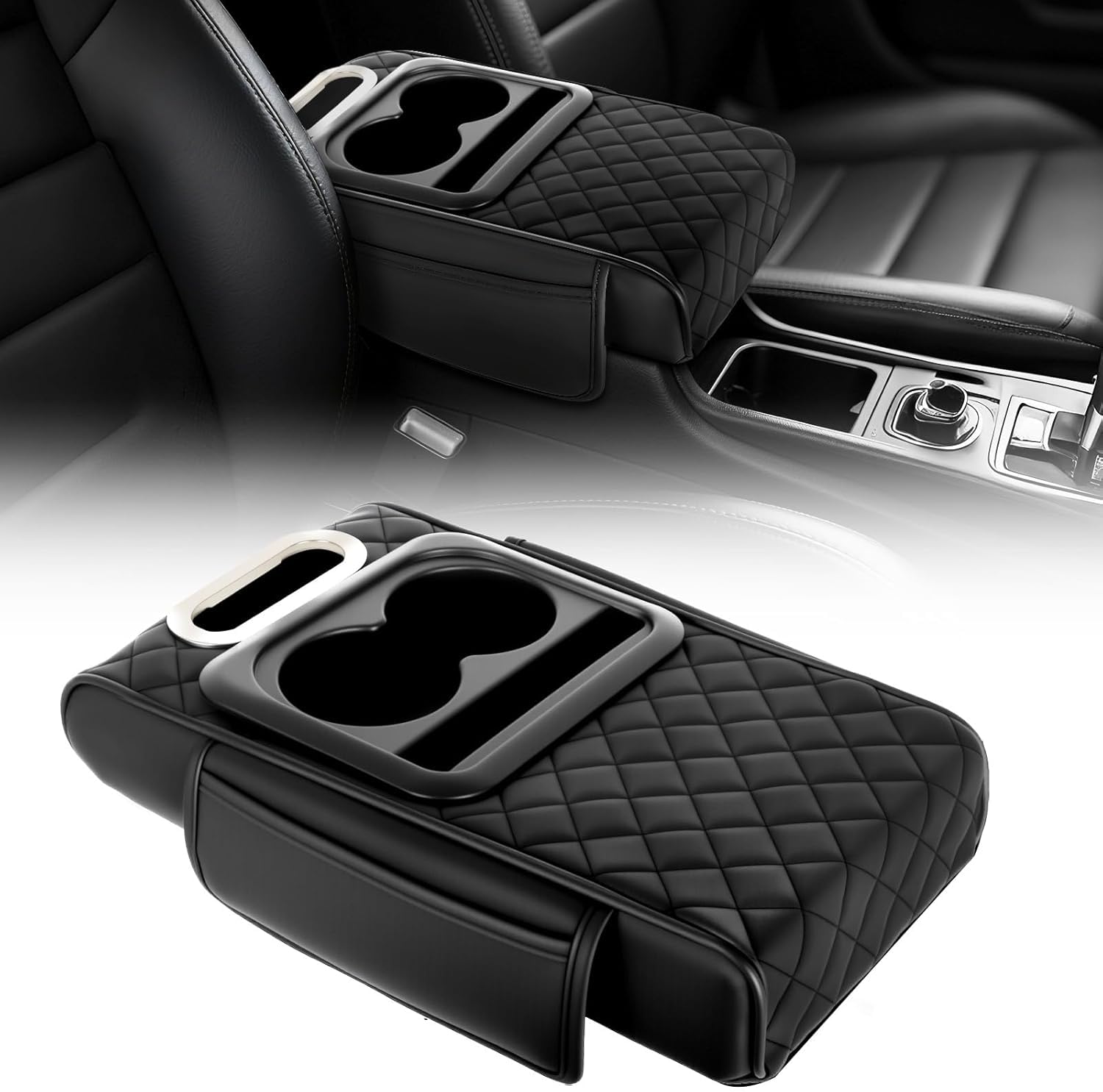SAVANIZON Car Armrest Organizer Center Console Storage Box with Cup Holder Tissue Slot Phone Tray Side Pocket Zipper Compartment