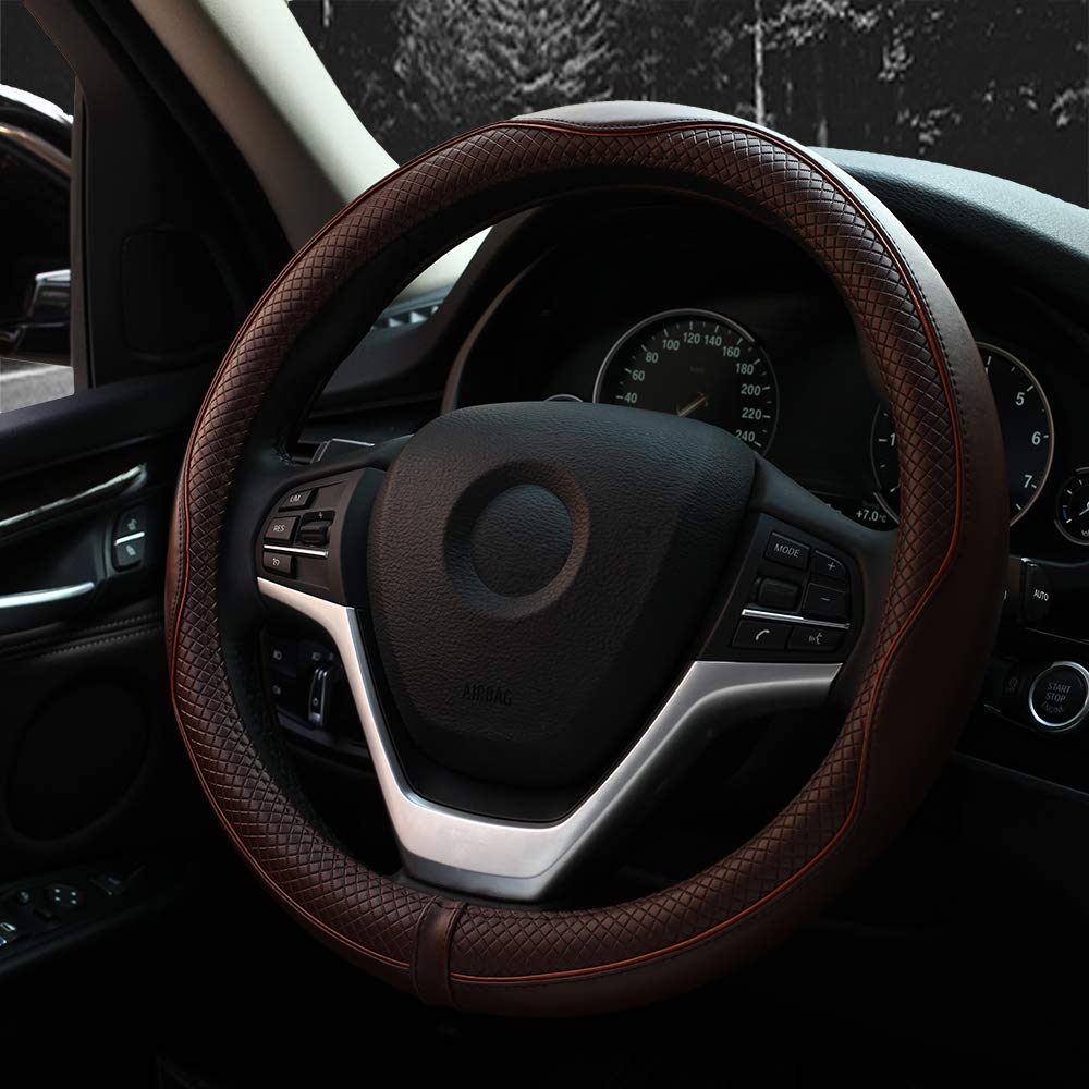 Valleycomfy Steering Wheel Covers Universal 15 Inch - Genuine Leather, Breathable, Anti Slip & Odor Free (Coffee, M(14 '' 1/2-15