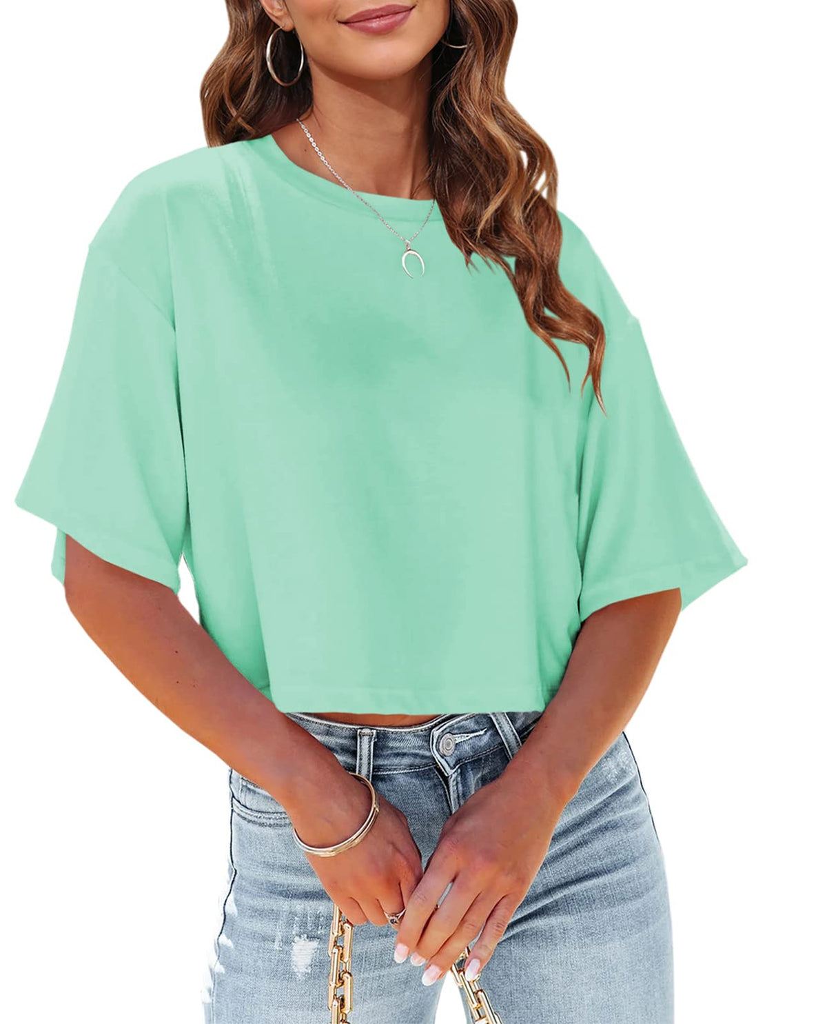 Tankaneo Women Half Sleeve Cropped T Shirt Drop Shoulder Round Neck Crop Tops Casual Summer Solid Color Basic Tees